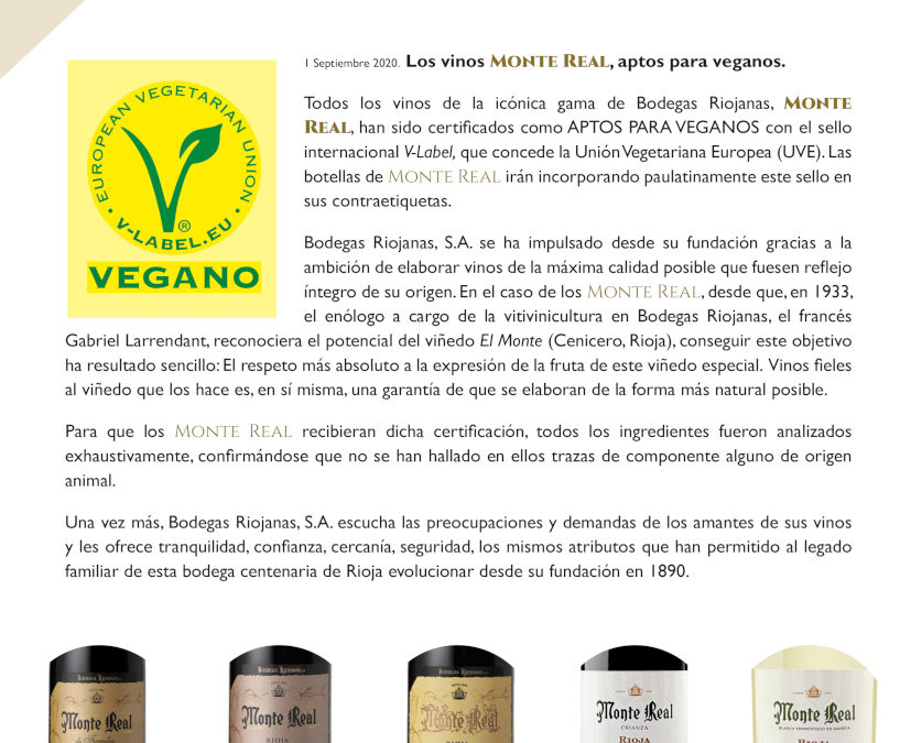 Monte Real consigue el certificado V-Label, vinos aptos pàra veganos