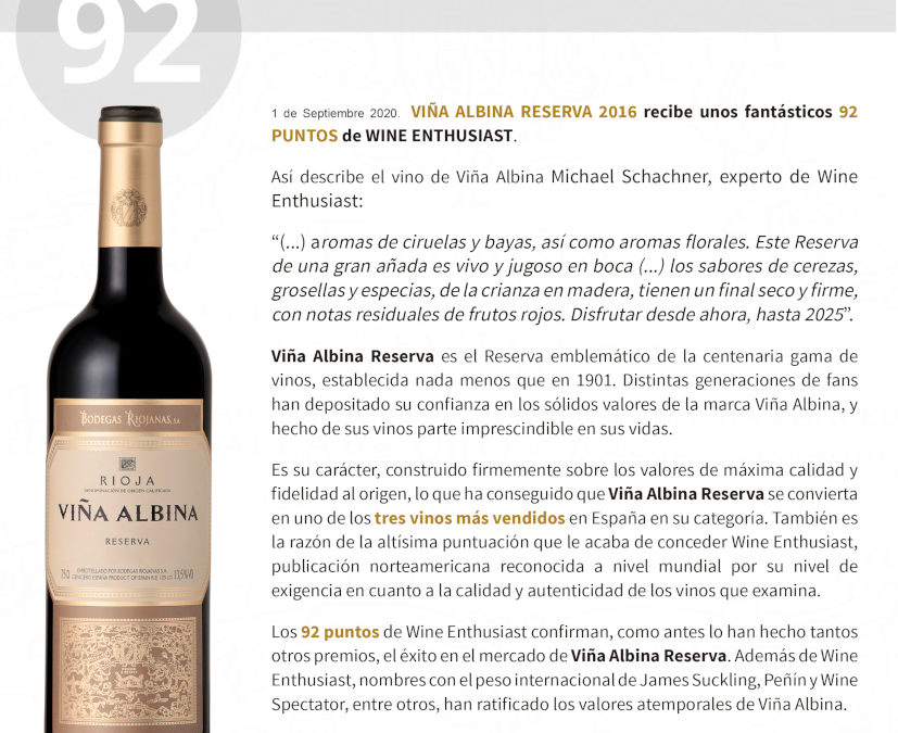 Excelente puntuacion para Viña Albina Reserva 2016 por Wine Enthusiast